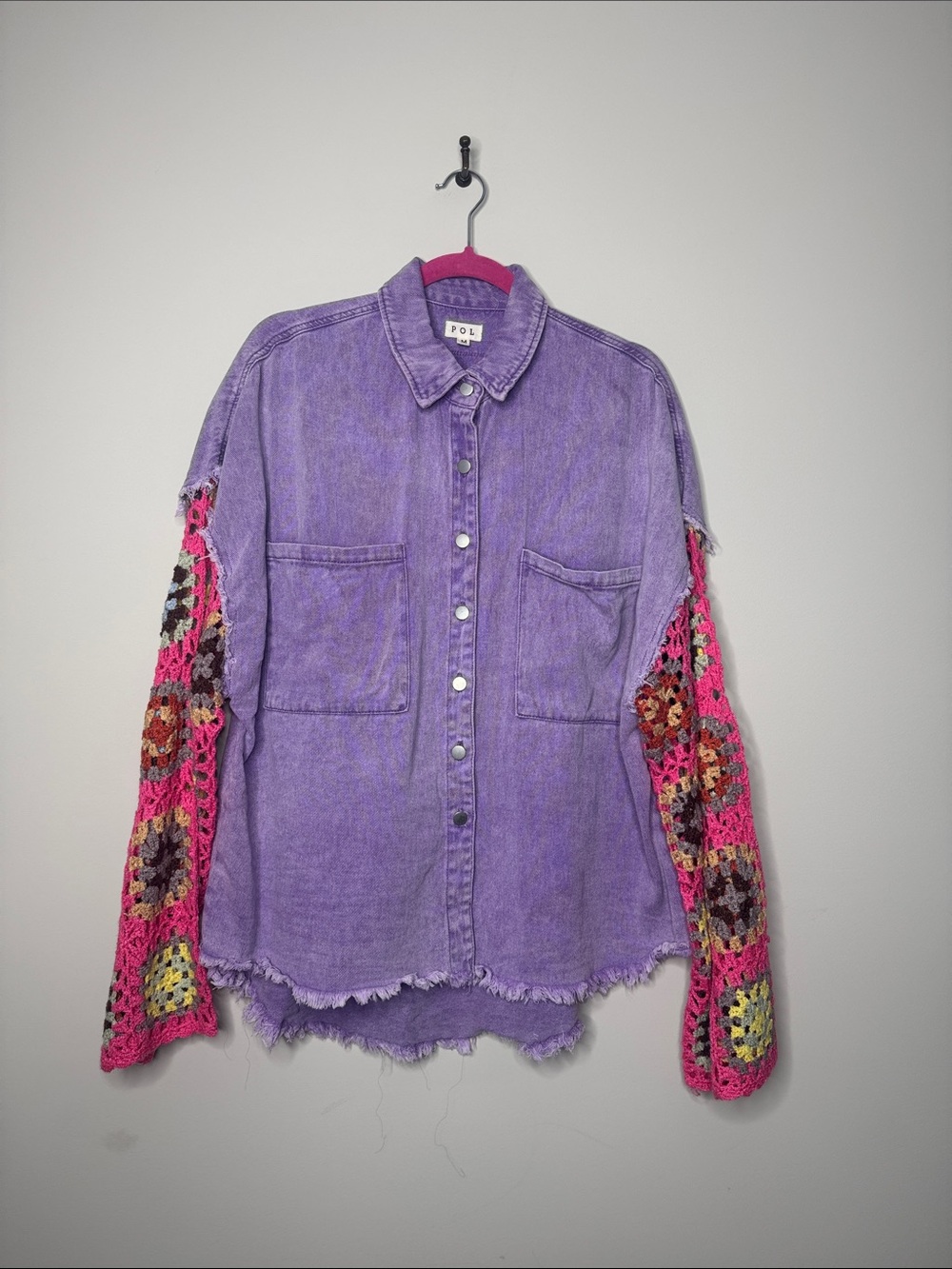 POL Lavender Denim Oversized Button-Down Crochet Sleeves Boho Size Medium